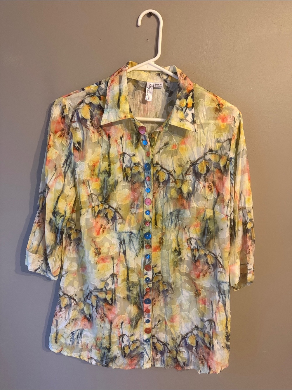 Ethyl Yellow Floral Semi-Sheer Blouse. Size small
